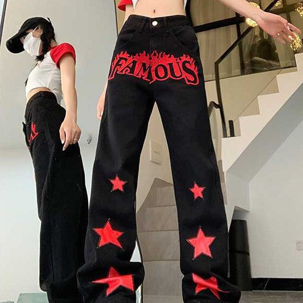 FAMOUS Red Star Letters Jeans