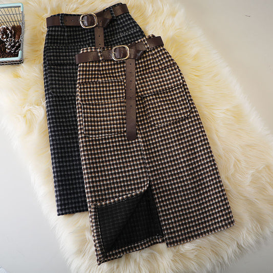 Woolen Plaid Sheath Skirt