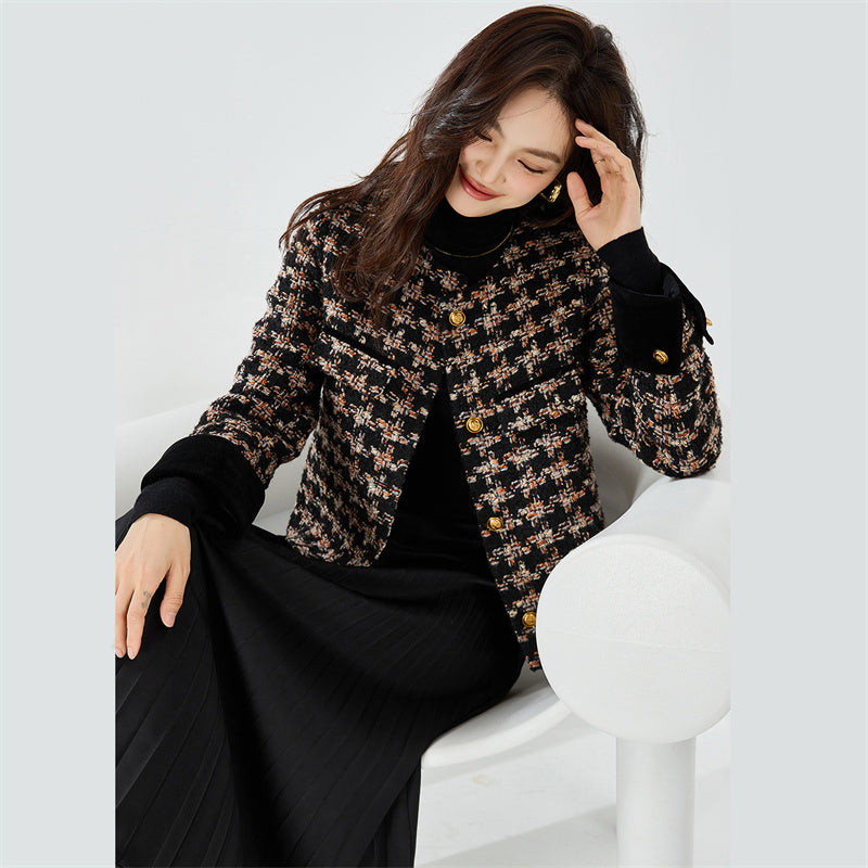 Classic Retro Velvet Stitching Plaid Tweed Short Coat Top