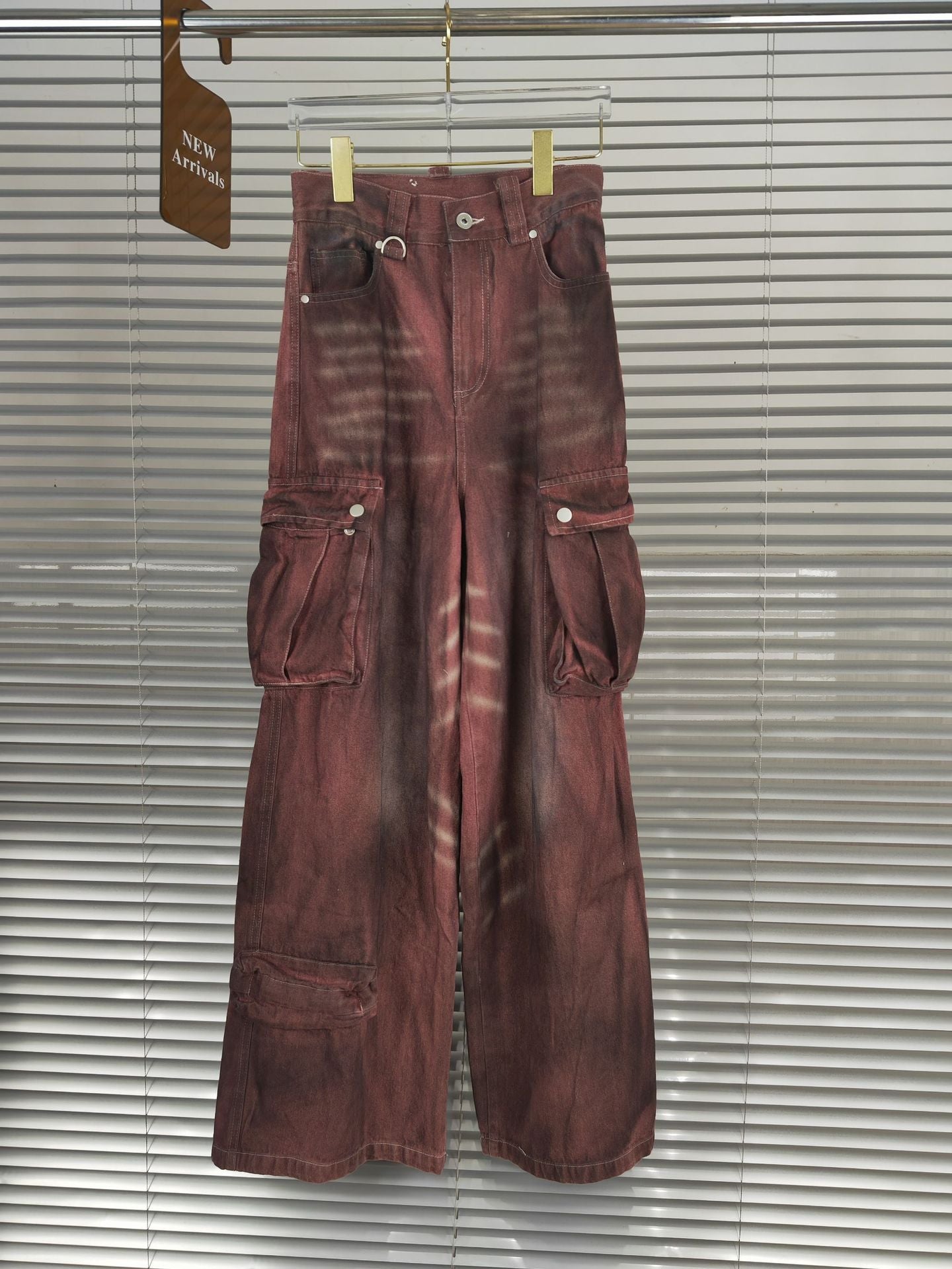 Rust Red Distressed Dirty Big Pocket Denim Wide Leg Pants