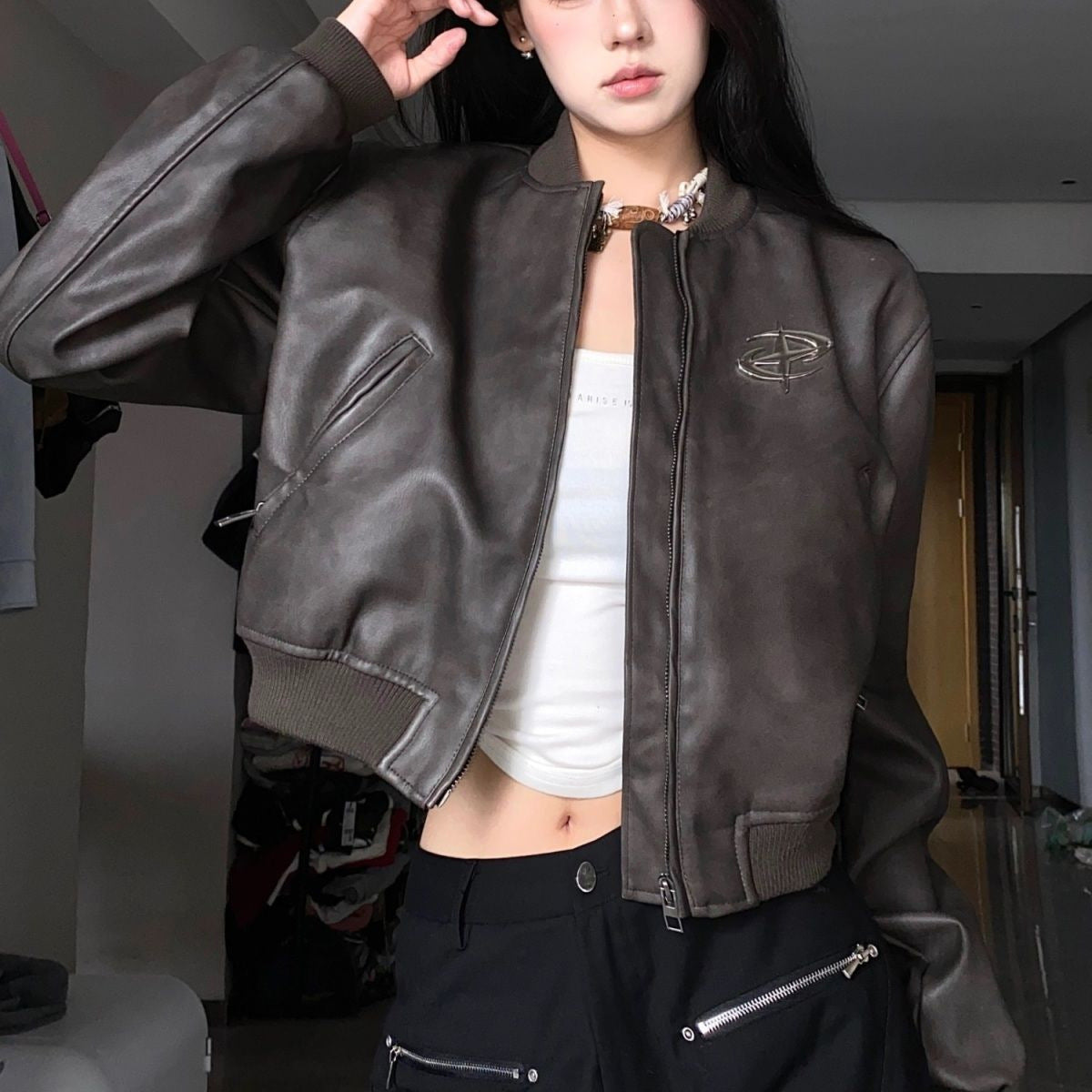 Brown Short Motorcycle Small Leather Coat