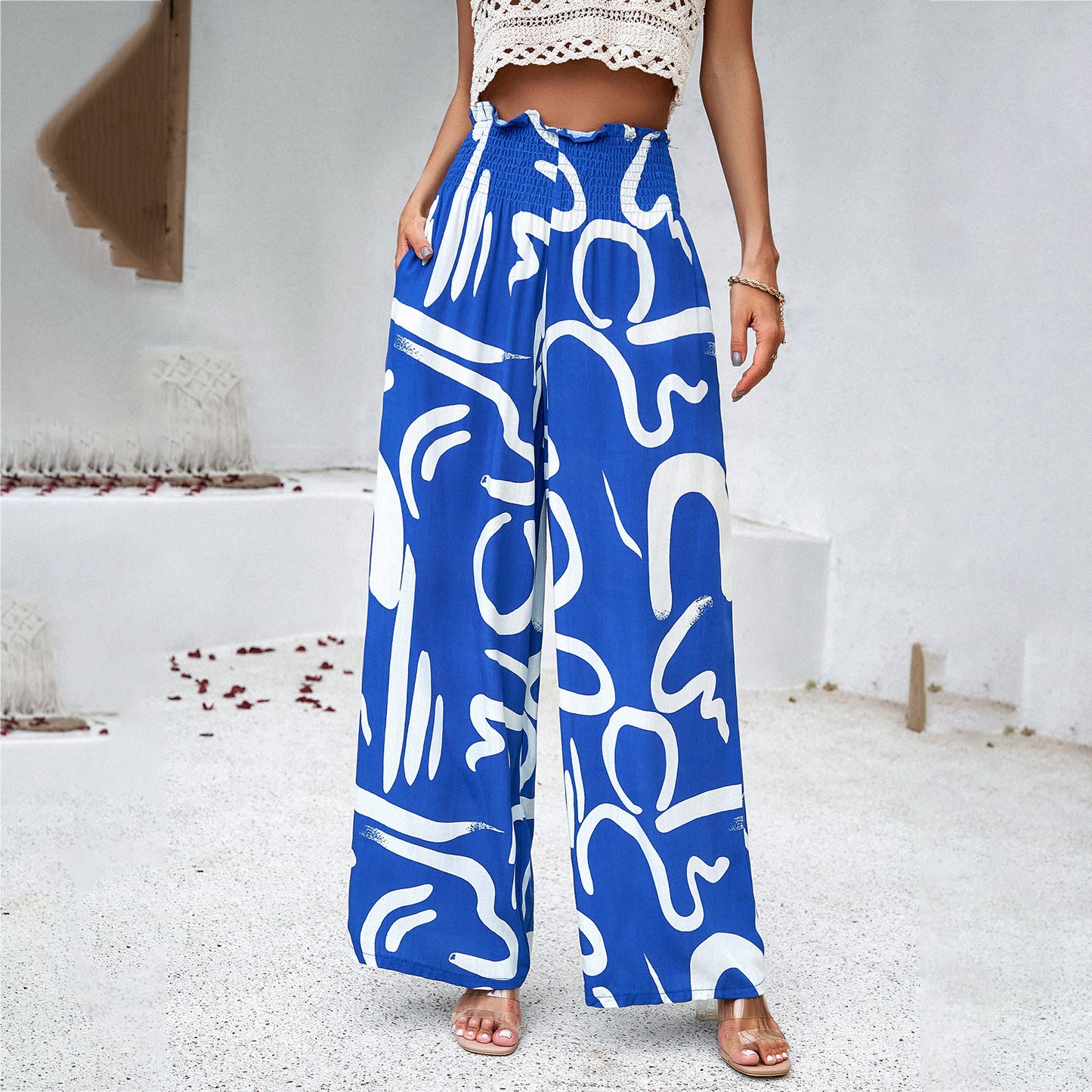 Elegant Printed Summer Loose High Waist Straight Pants