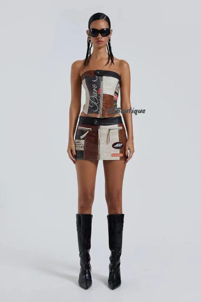 Stitching Racing PU Corset Mini Skirt