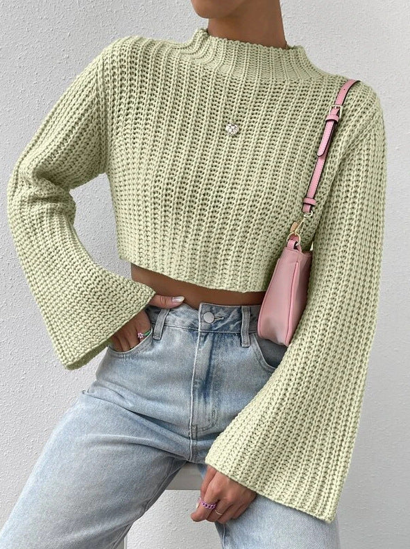 Pure Color All-matching High Waist Short Bell Sleeve Mock Neck Sweater