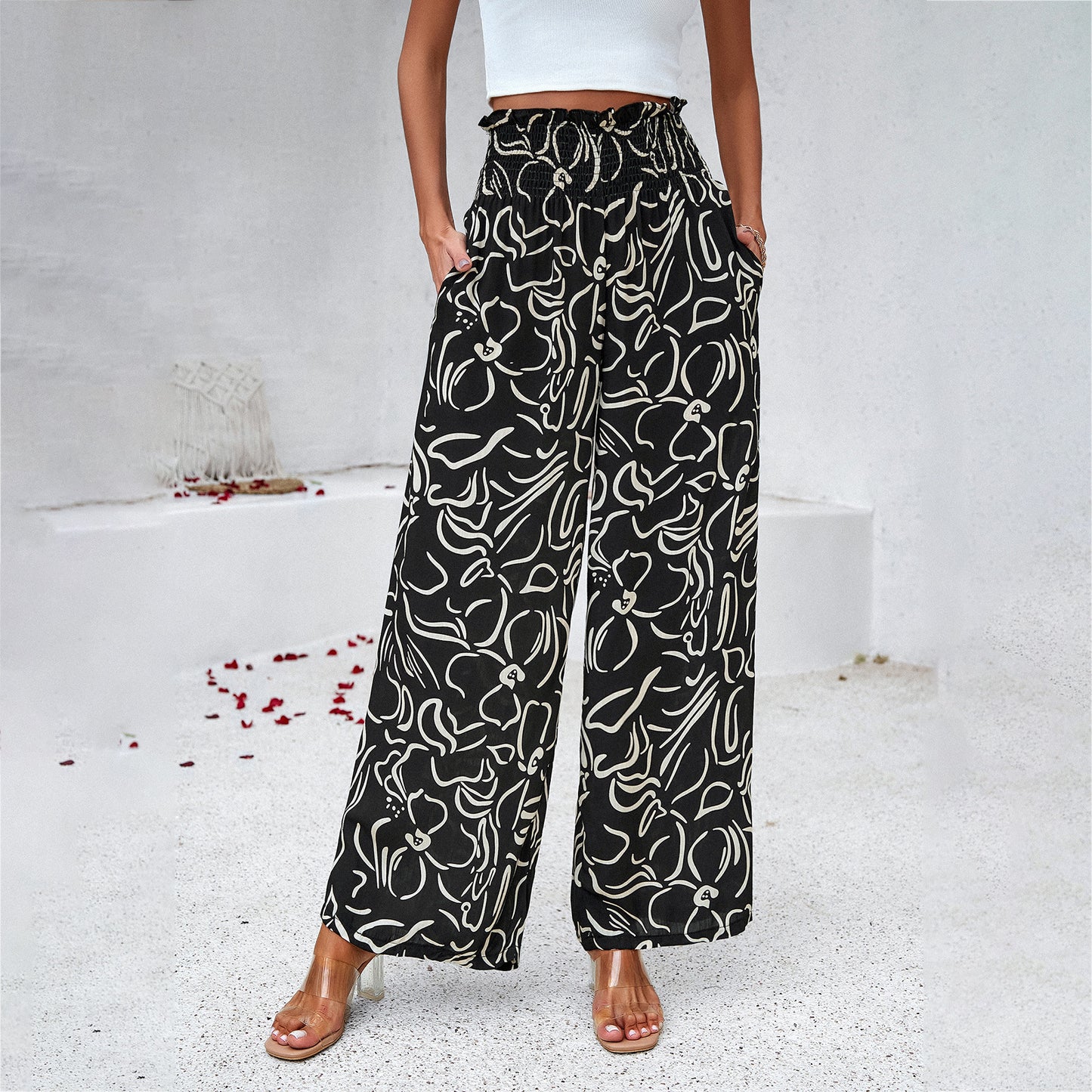 Elegant Printed Summer Loose High Waist Straight Pants