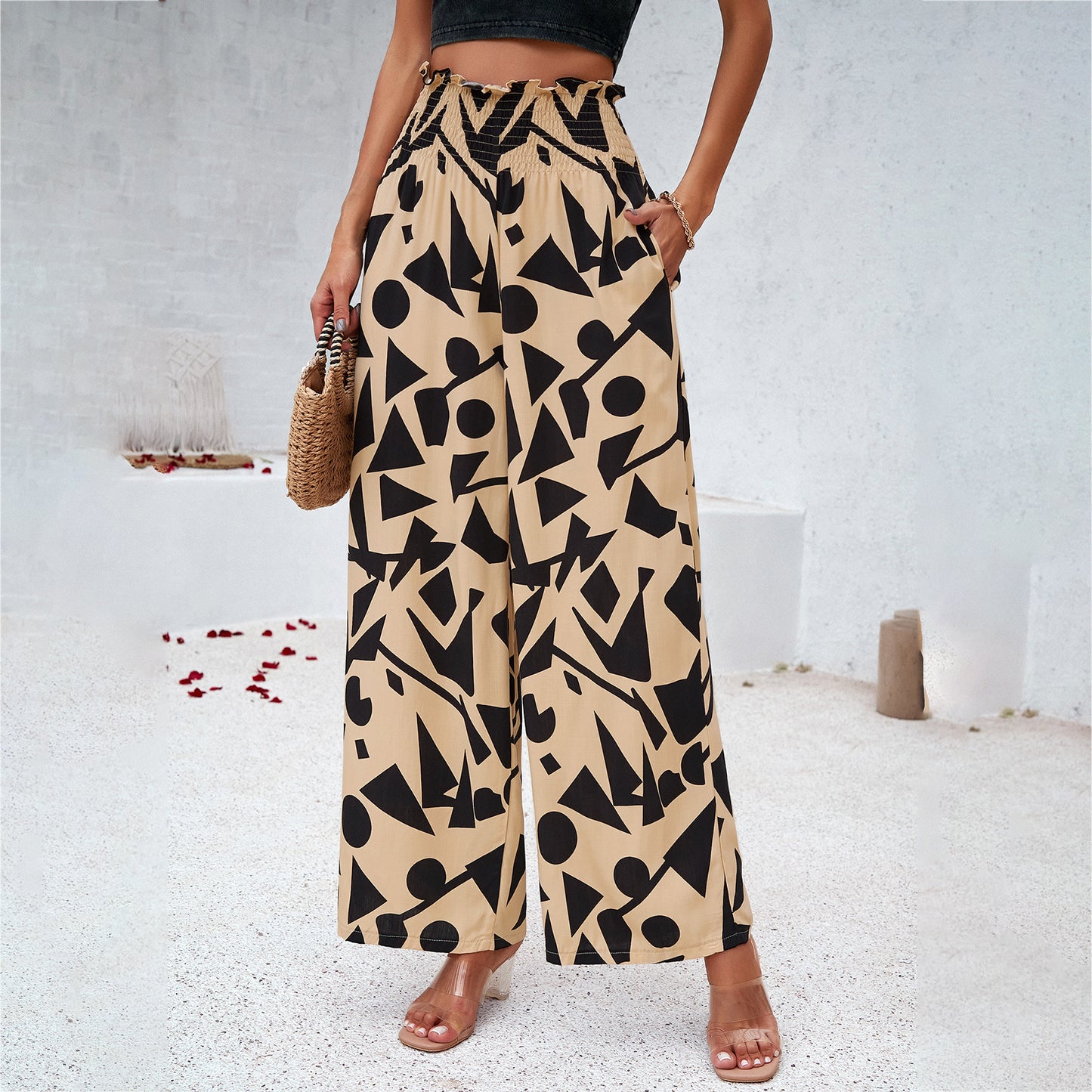 Elegant Printed Summer Loose High Waist Straight Pants