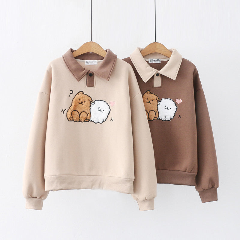 Japanese College Style Cartoon Wool Dog Fleece-lined Thickened Pullover Long Sleeve Sweater