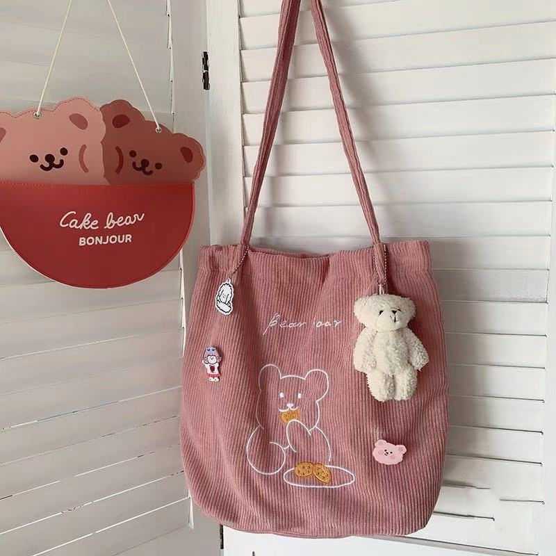 Cute Bear Canvas Bag Corduroy Tote Bag