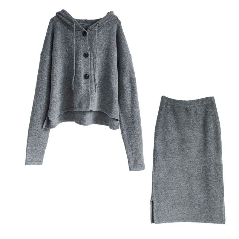 Retro Fashion Autumn Hooded Sweater Cardigan Skirt Suit