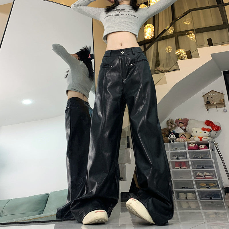 Straight Slim Leather Baggy Pants