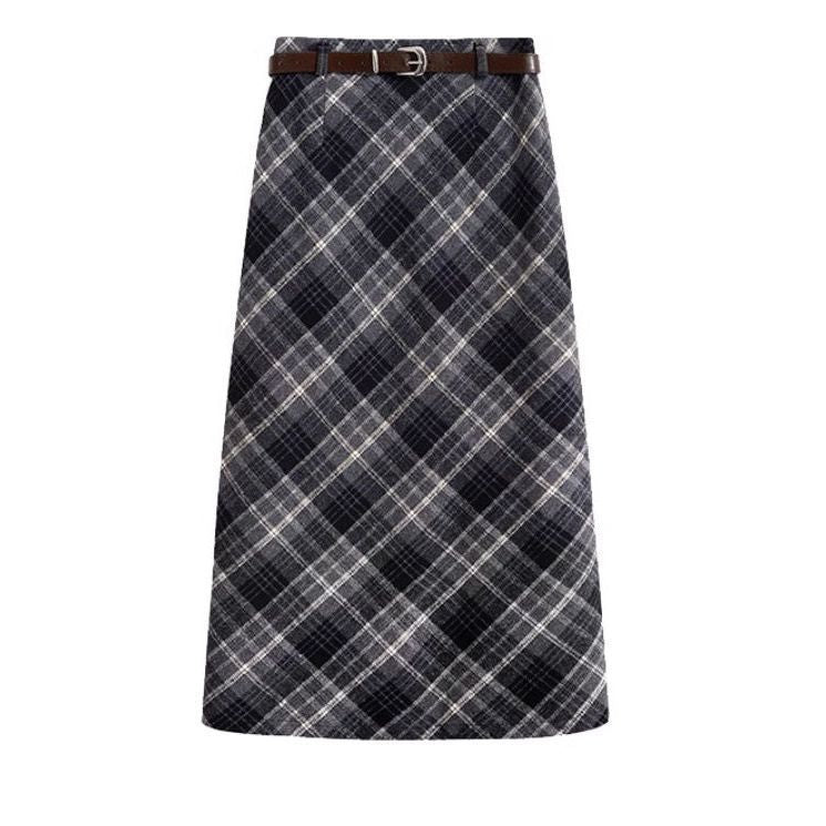 High Waist Mid-length Woolen Plaid Skirt