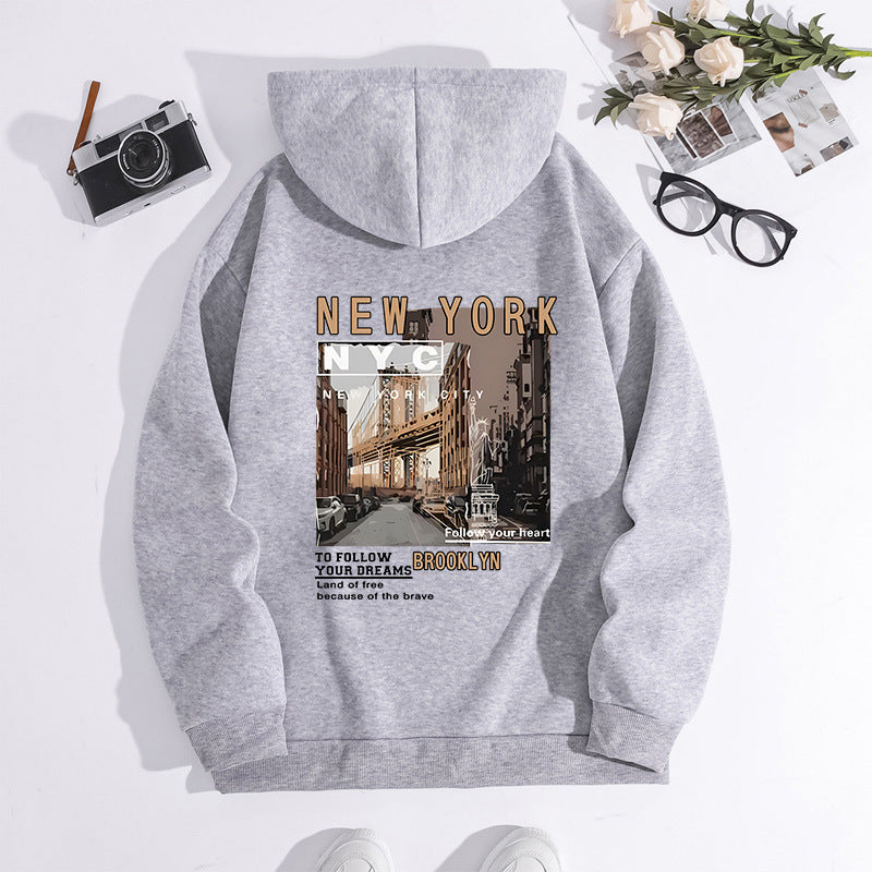 Autumn And Winter Printing Hooded Fleece-lined Sweater