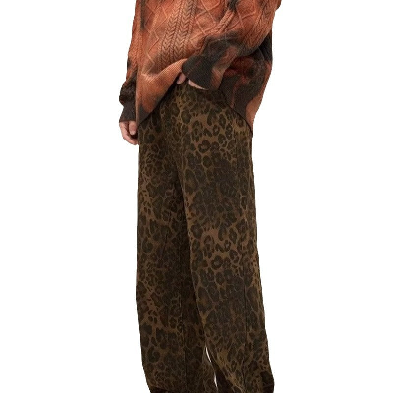 American-style Vintage Leopard Print Jeans