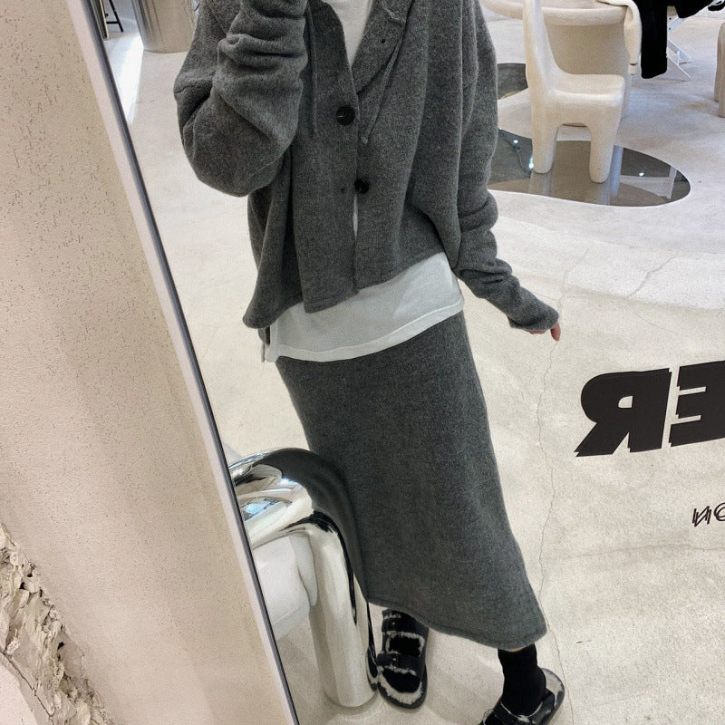 Retro Fashion Autumn Hooded Sweater Cardigan Skirt Suit