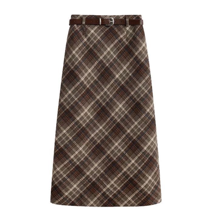 High Waist Mid-length Woolen Plaid Skirt