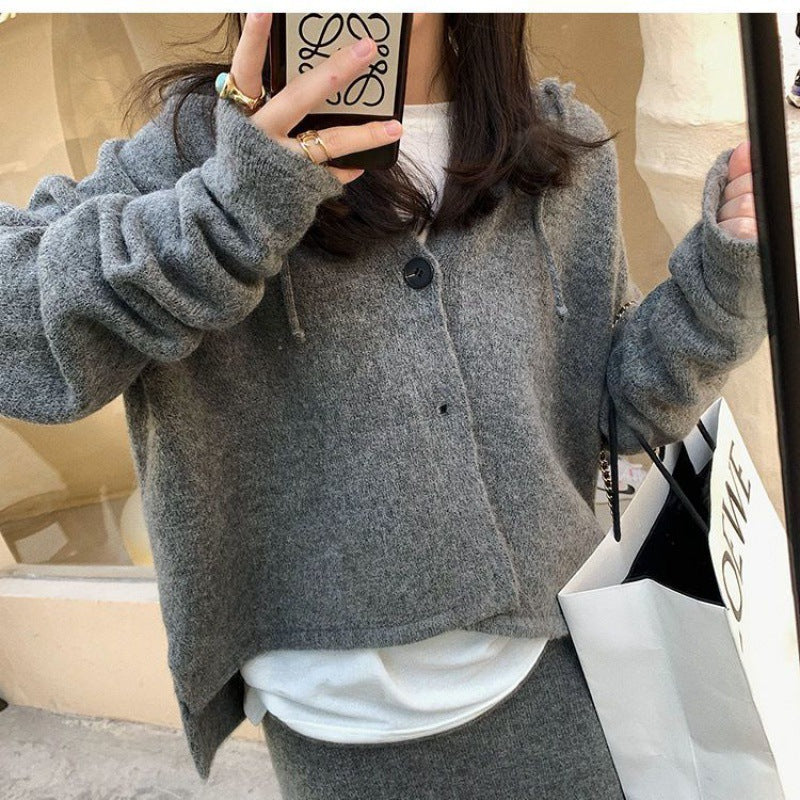 Retro Fashion Autumn Hooded Sweater Cardigan Skirt Suit