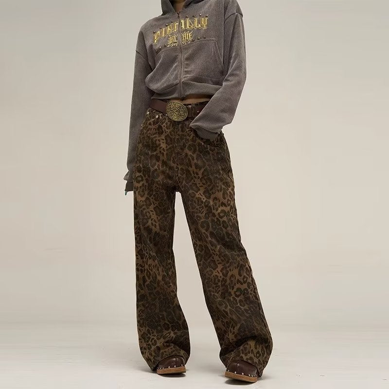 American-style Vintage Leopard Print Jeans