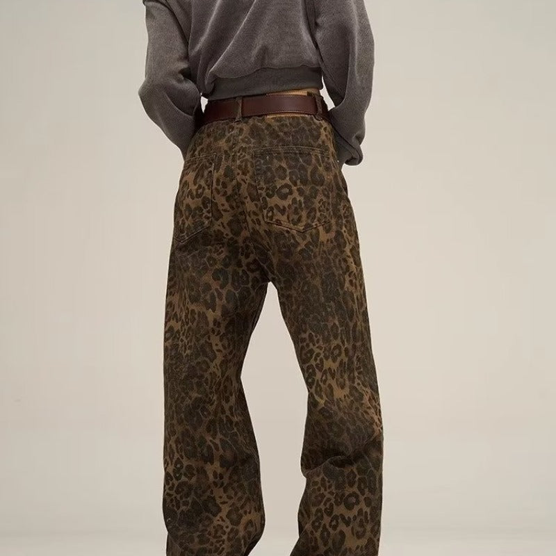 American-style Vintage Leopard Print Jeans