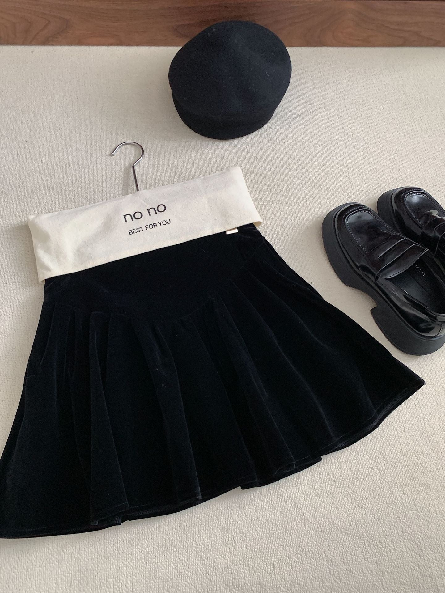 Black Velvet High Waist Pleated Skirt