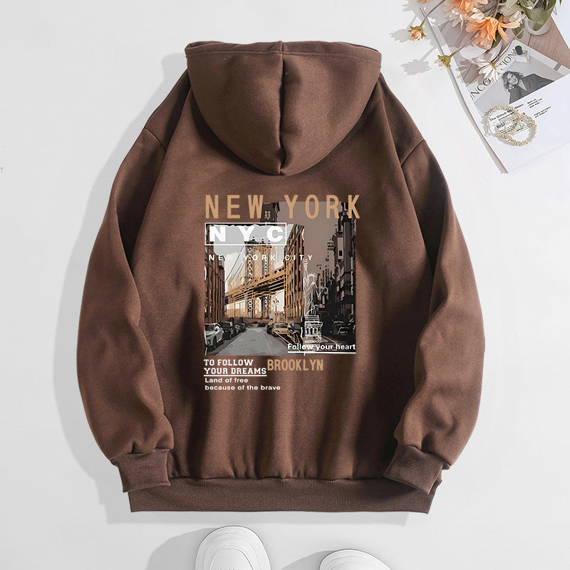 Autumn And Winter Printing Hooded Fleece-lined Sweater