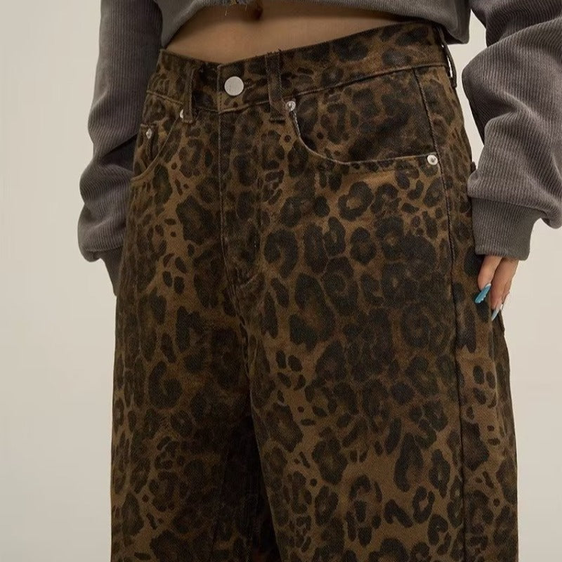 American-style Vintage Leopard Print Jeans