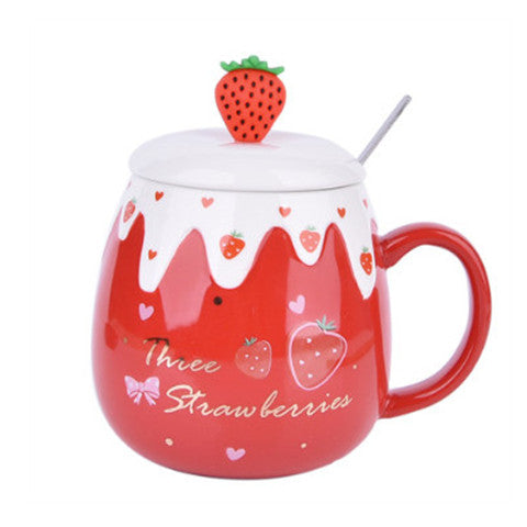 Strawberry Ceramic Coffee Mug With Lid And Spoon Kawaii