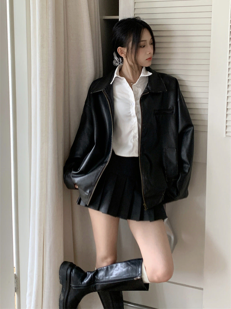 Zip up Short Leather Jacket