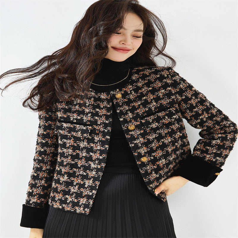 Classic Retro Velvet Stitching Plaid Tweed Short Coat Top