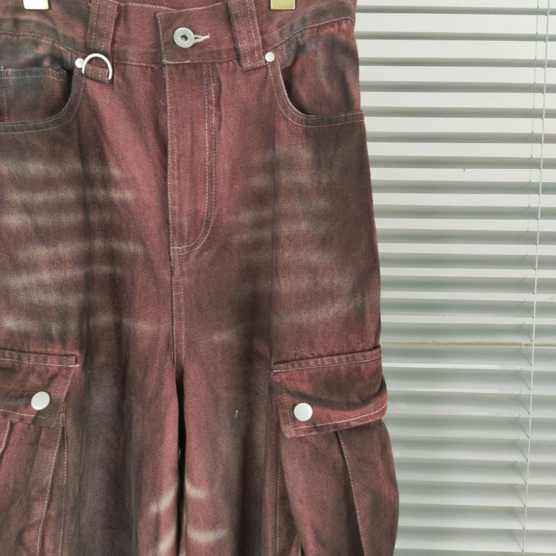 Rust Red Distressed Dirty Big Pocket Denim Wide Leg Pants