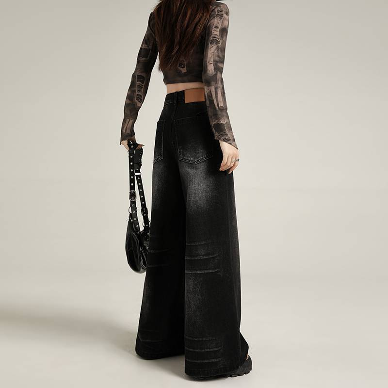 Retro Washed Craft Black Gray Wide Leg Jeans