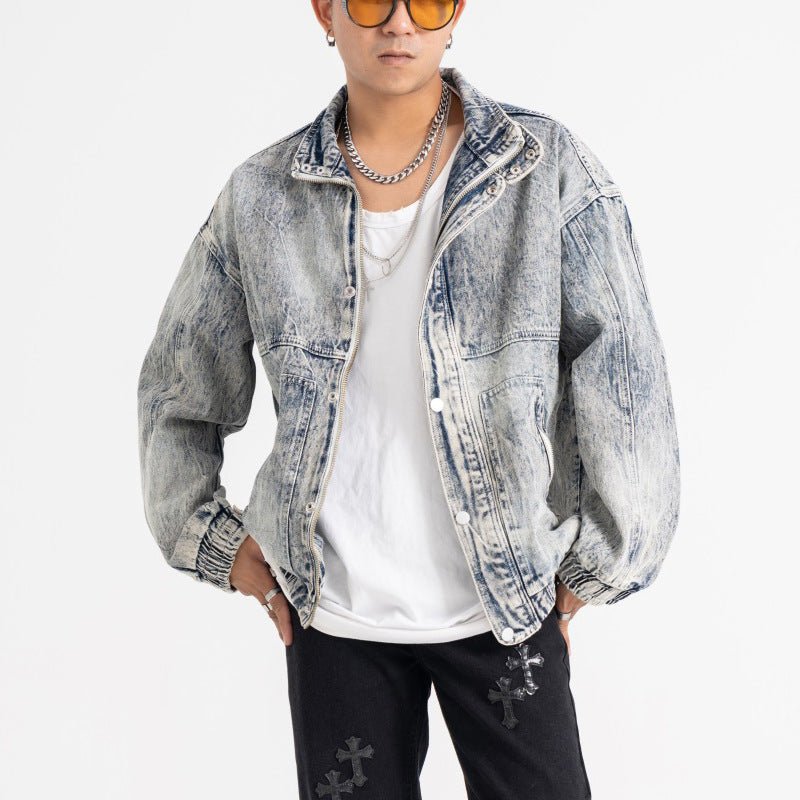 Stand-up Collar Washed Denim Jacket