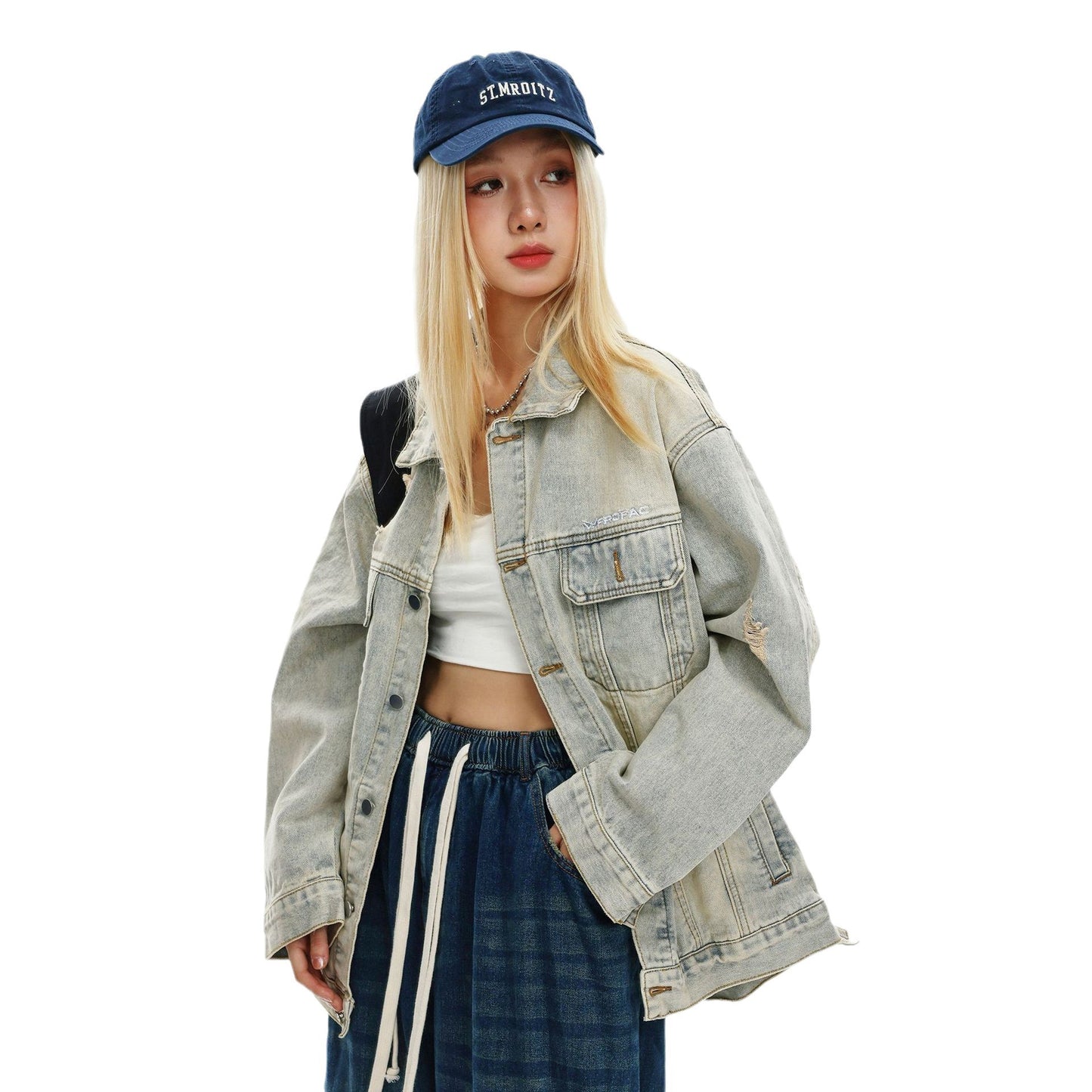 American Retro Washed Ripped Denim Coat