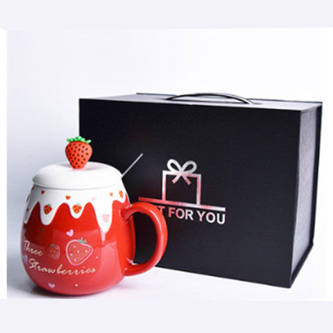 Strawberry Ceramic Coffee Mug With Lid And Spoon Kawaii