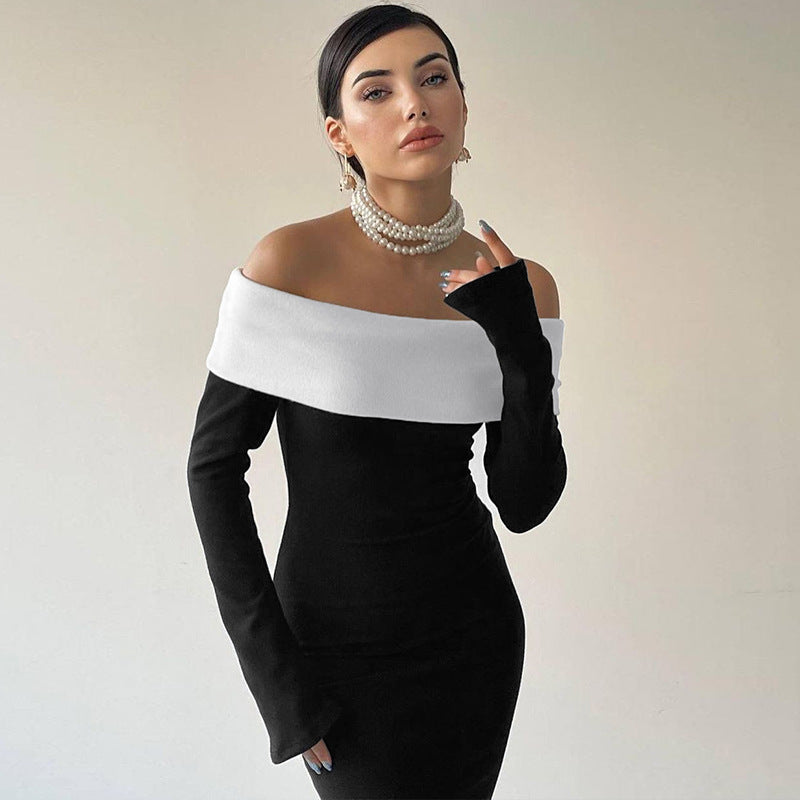 Off-the-shoulder Long Sleeve Colour Bloc Dress