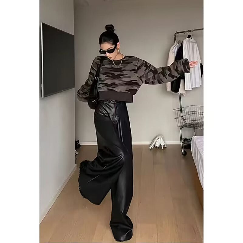 High Waist Drooping PU Leather Pants