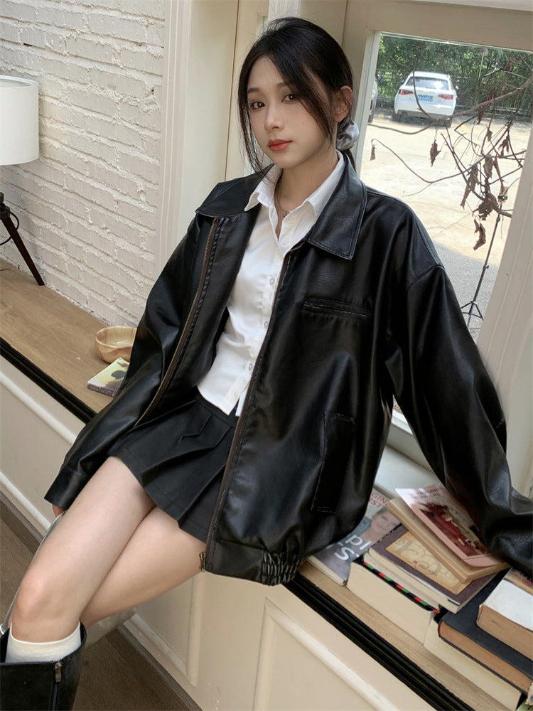 Zip up Short Leather Jacket