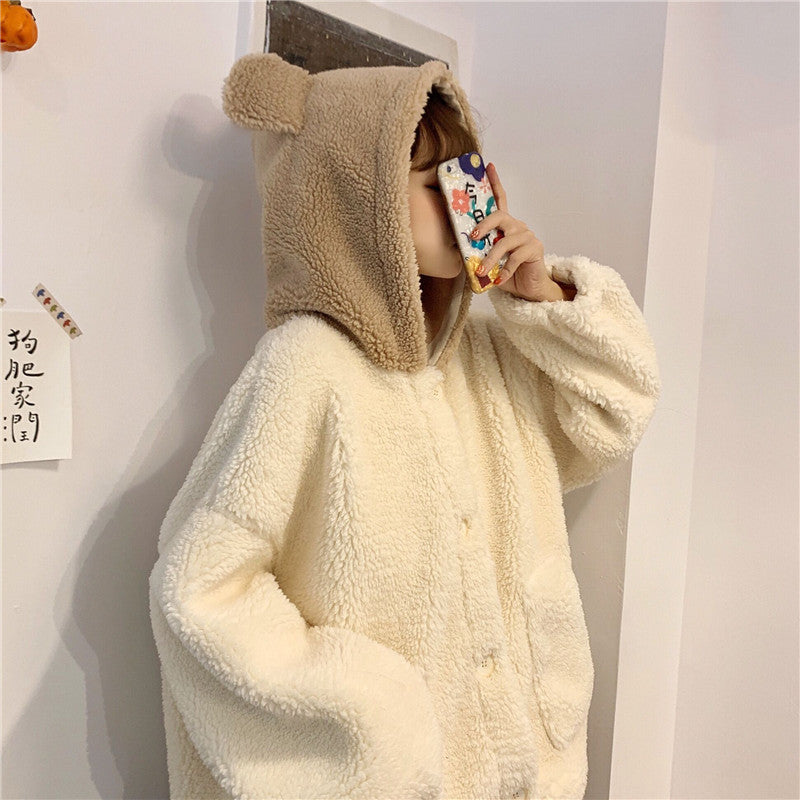 Cute Bear Ear Coat For Lamb Wool Winter Cardigan Top