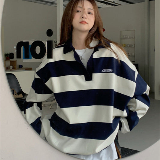 American Retro Polo Collar Striped Sweater