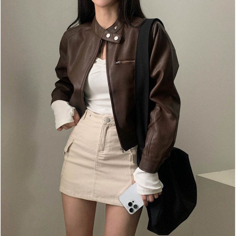 Elegant Zipped Stand Collar Biker's Leather Jacket