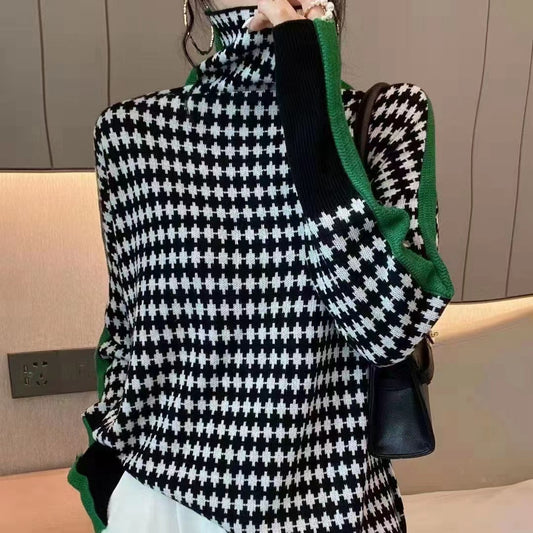 Loose Pile Collar Bottoming Shirt Women's Houndstooth Turtleneck Sweater