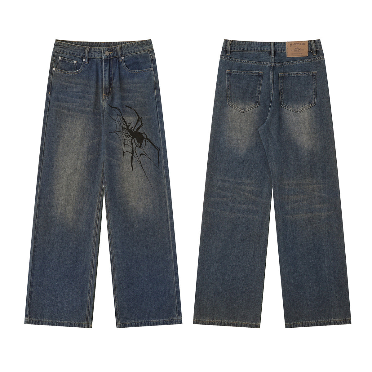 Spider Printed Washed Wide Leg Jeans