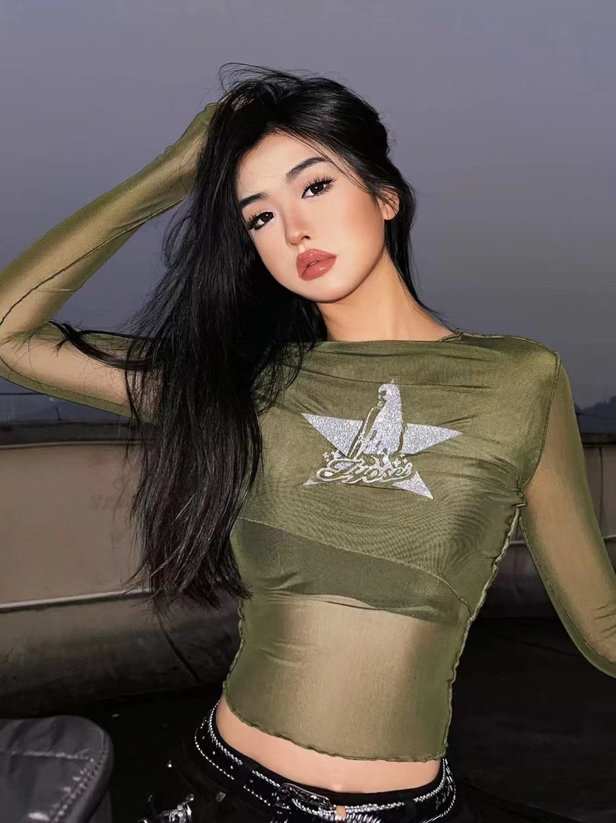 Army Green Mesh Long Sleeve T-Shirt