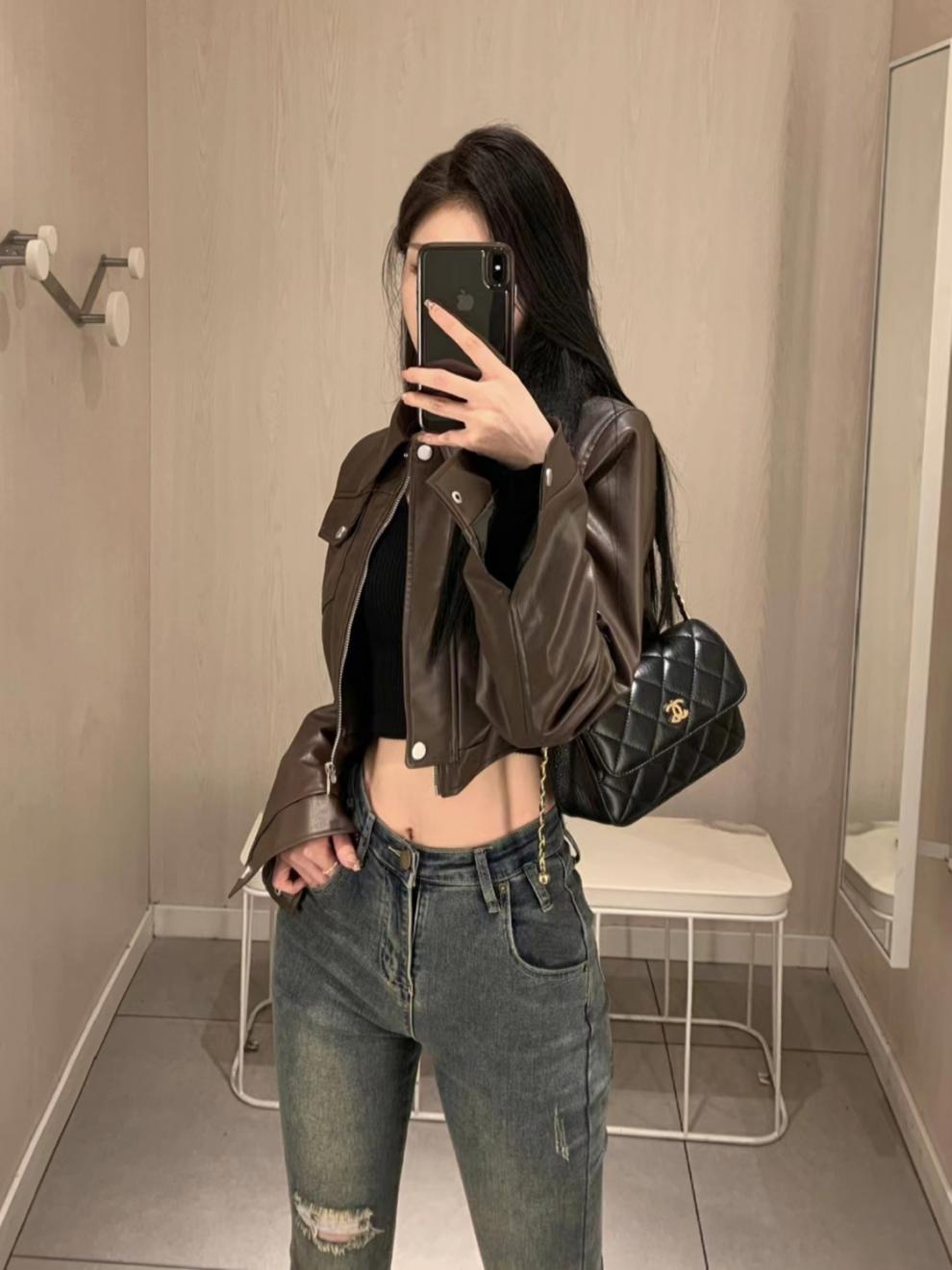 Hot Girl Style Coffee Leather Coat