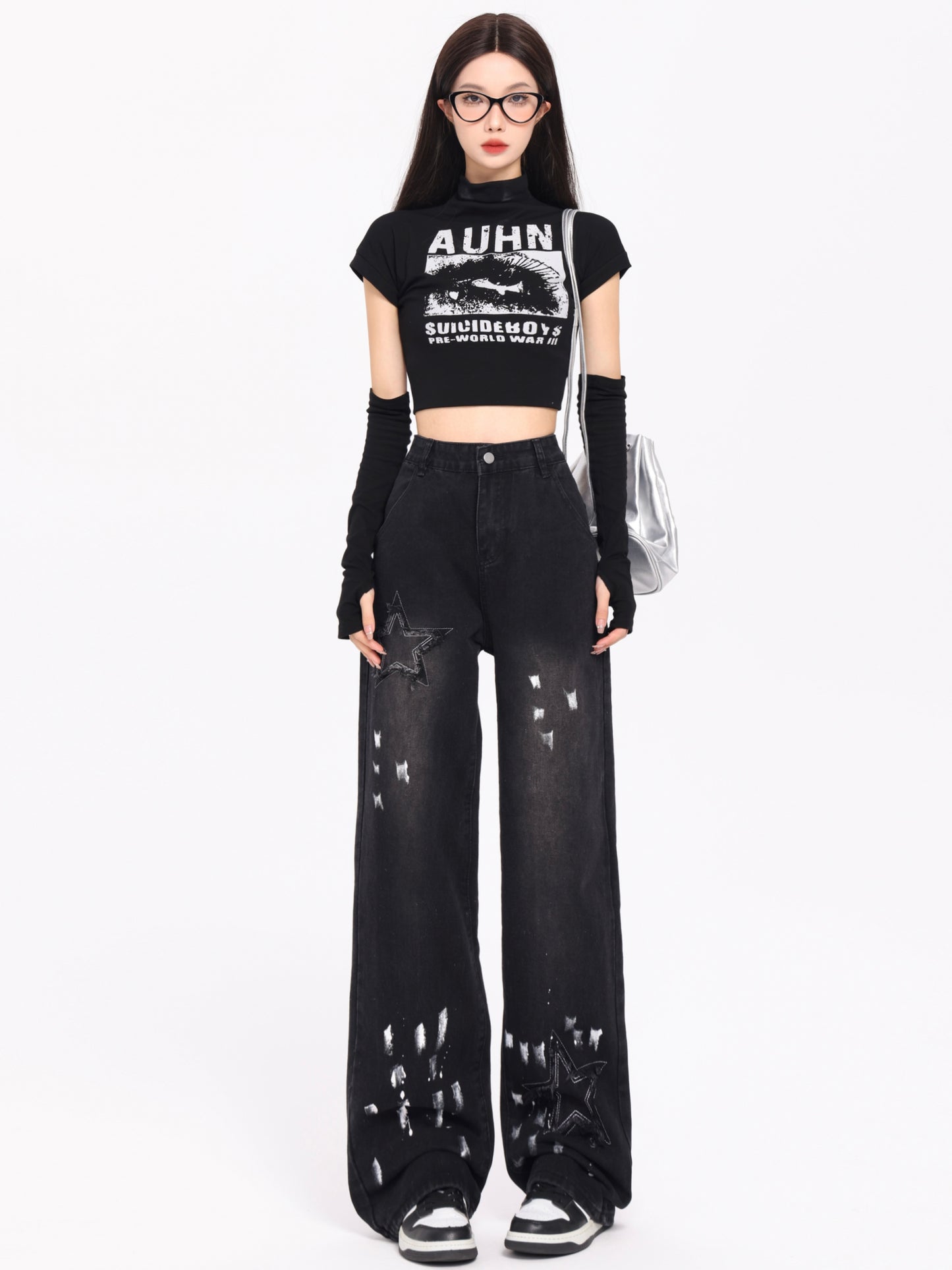 Korean Style Retro XINGX Embroidered Jeans Autumn And Winter New High Waist Splash-ink Wide Leg Straight Mop Pants