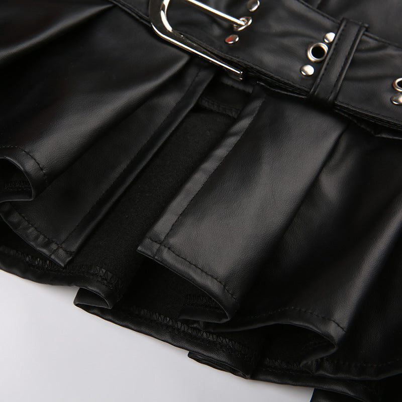 Dark Style Rivet Wide Belt Split Leather Low Waist Skirt