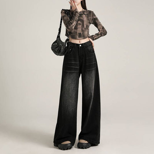 Retro Washed Craft Black Gray Wide Leg Jeans