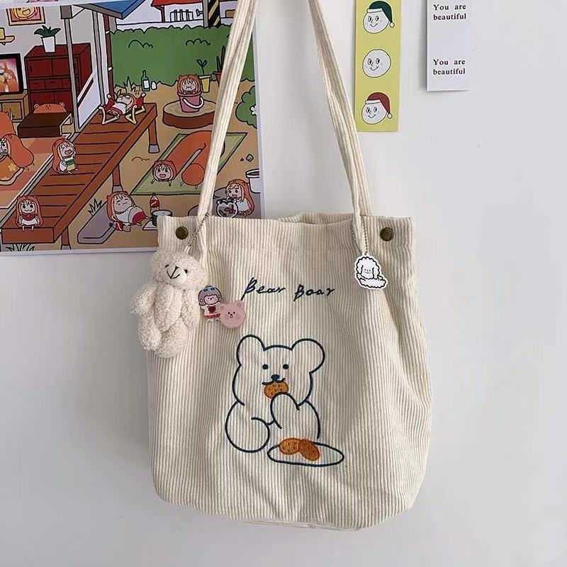 Cute Bear Canvas Bag Corduroy Tote Bag