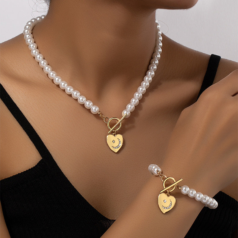 Pearl Bracelet And Necklace Set With Hearts Clavicle Chain