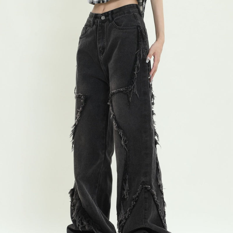 Retro Wide Leg Frayed Five-pointed Star Jeans Simple