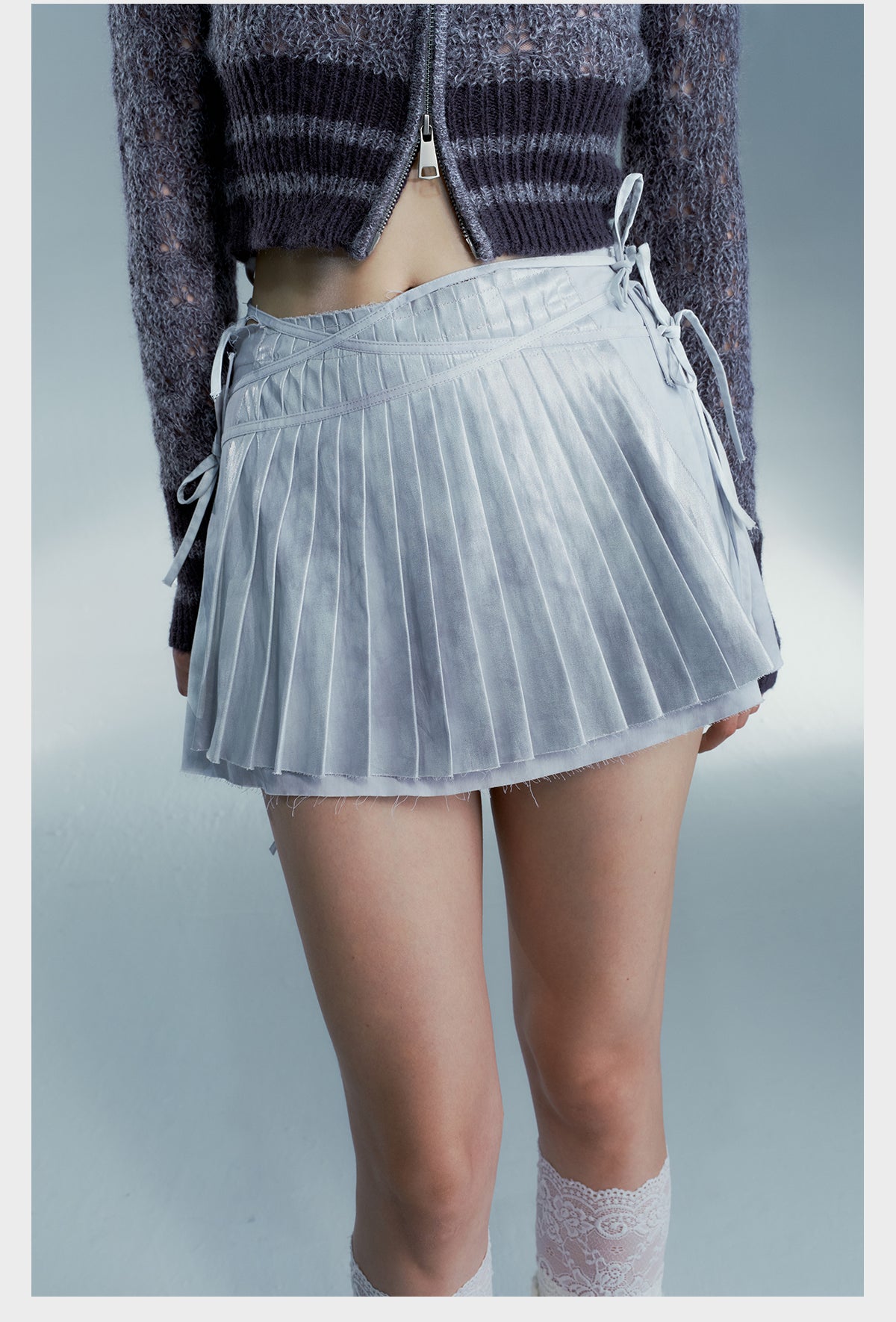 Silver Gray Blue Fine Pleated Asymmetrical Skirt